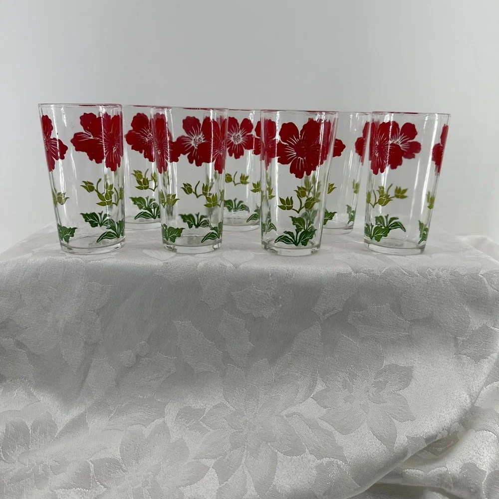Vintage Federal Glass Tumblers Floral Set 7 Excellent Mid Century Modern Retro